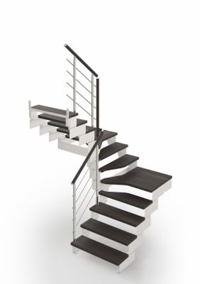 Интериорна стълба Composity, конфигурация "П-образна", "изрязана" площадка, 12 стъпала, дърво Wenge 23, метал White, парапет Minimal Railning RINTAL
