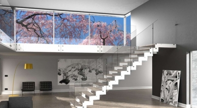 Интериорна стълба Rexal XR 14 стъпала, ширина 100 см, права конфигурация, дърво White, стъклен парапет, MOBIROLO