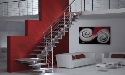 Интериорна стълба Jazz Chrome LED 13 стъпала, ширина 85 см, Г-образна конфигурация, метална структура Grey 97 RG, стъпала и ръкохватка Grey 400, парапет Chrome, MOBIROLO